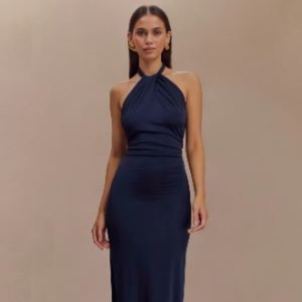 Elinka Meshki Elegant Navy Blue Halter Dress
